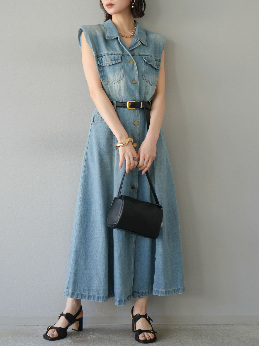 [予約]ベルト付デニムシャツデザインワンピース/ライトブルー