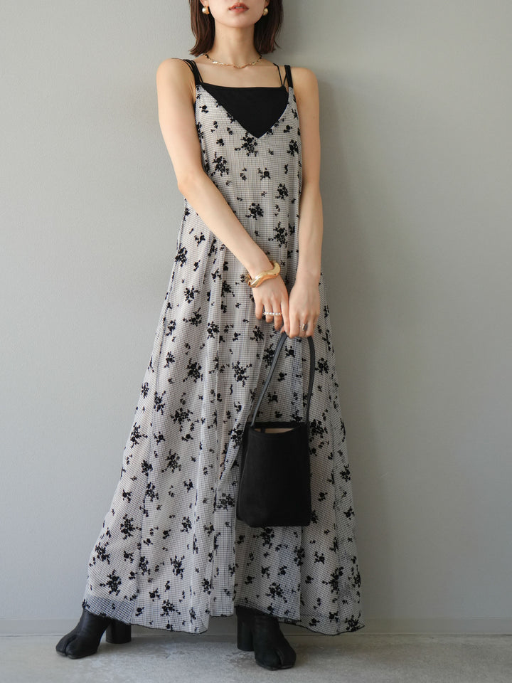 [SET]フロッキーチュールレイヤードベロアキャミワンピース+カップ付きバッククロスキャミソール(2set)