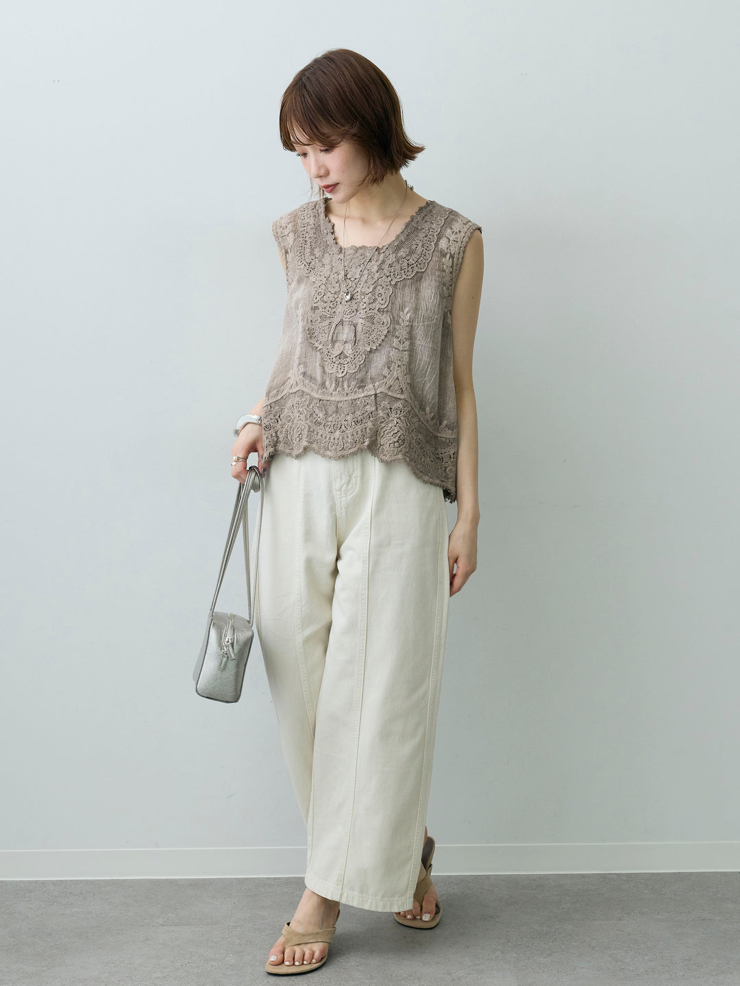 [予約]アンティークレースノースリトップス/brown