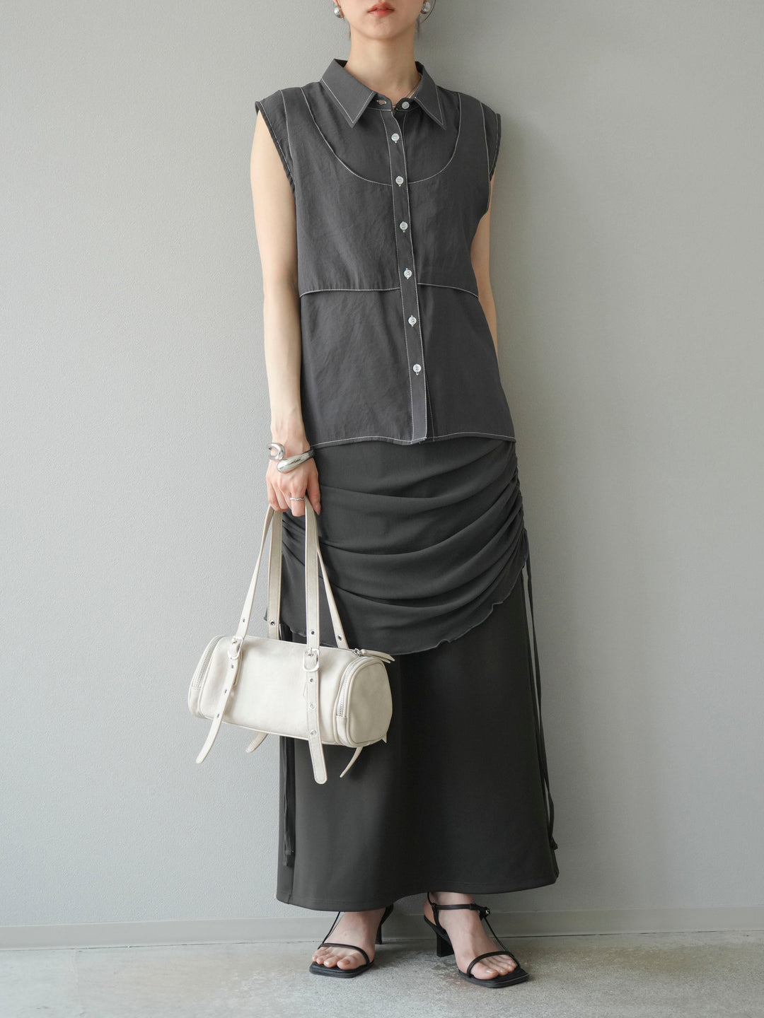 [予約]シアーレイヤードタイトスカート/チャコール