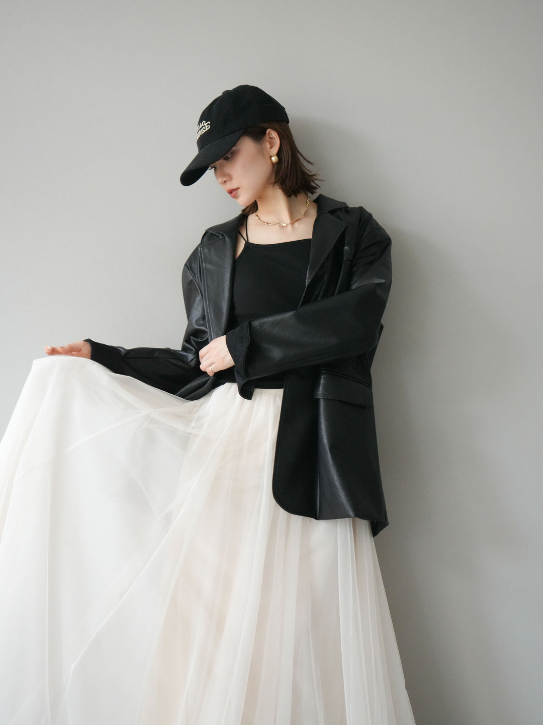 [予約]フェイクレザーテーラードジャケット/ブラック