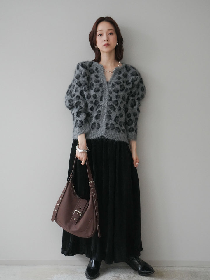 [SET]モヘアタッチレオパード柄ニットカーディガン+ワッシャーベロアプリーツスカート(2set)