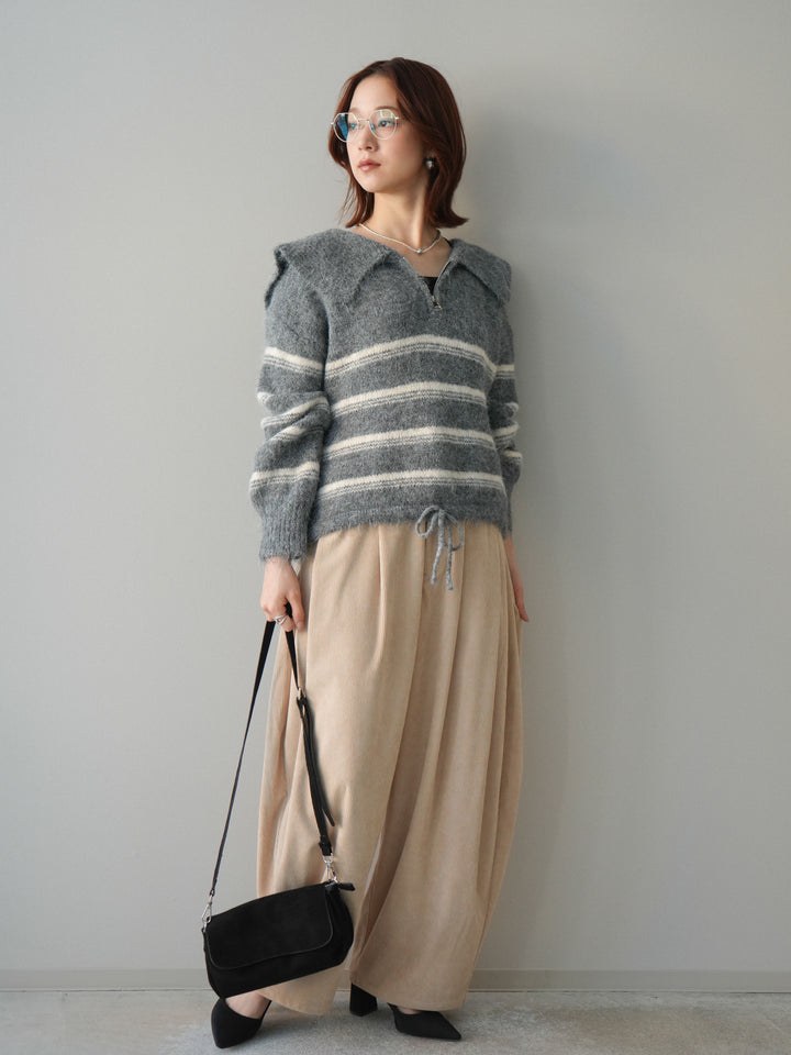[SET]ハーフジップボーダーニットプルオーバー+コーデュロイサイドタックコクーンパンツ(2set)