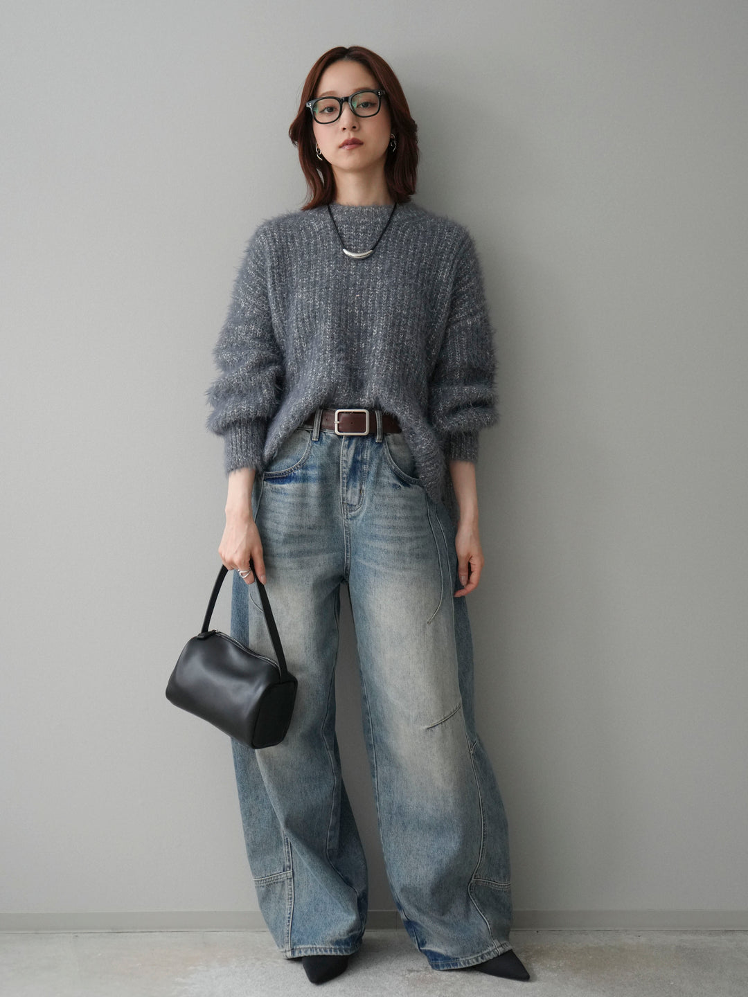 [SET]ボリュームスリーブシャギー MIXニットプルオーバー+ベルト付カーブデニムパンツ(2set)
