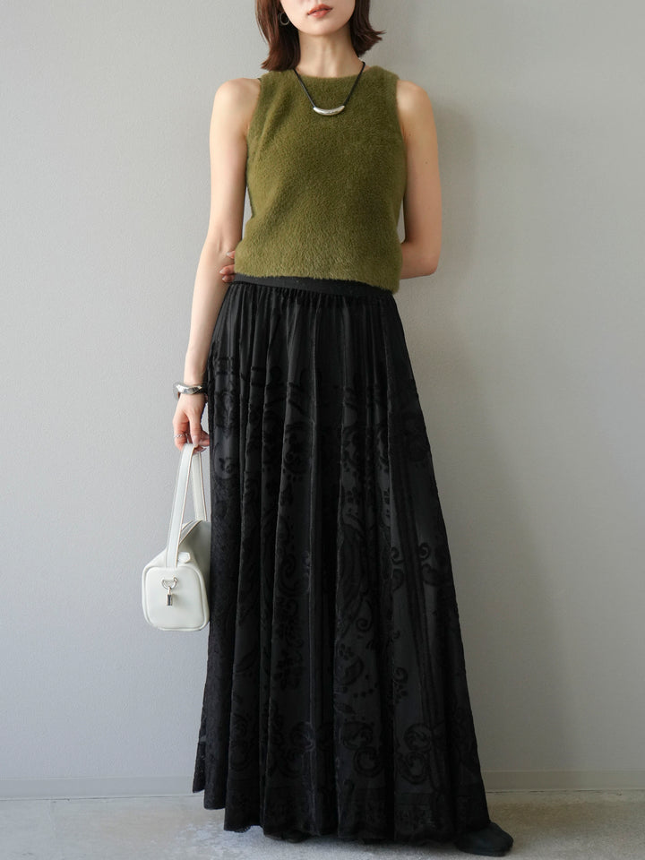 [予約]アンティーク柄フロッキーマキシスカート/ブラック