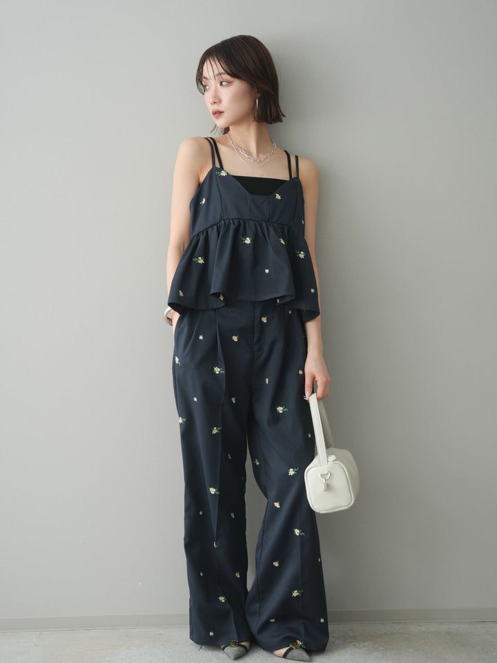 [SET]フラワー刺繍ビスチェ+フラワー刺繍タックパンツ(2set)