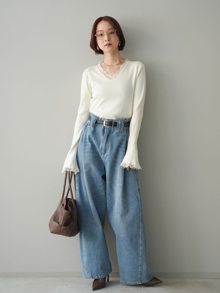 [SET]レースドッキングVネックニットトップス+ハイウエストベルトループデザインデニムパンツ(2set)