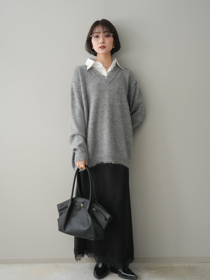 [予約]シャツドッキングVネックフリンジニットプルオーバー/gray