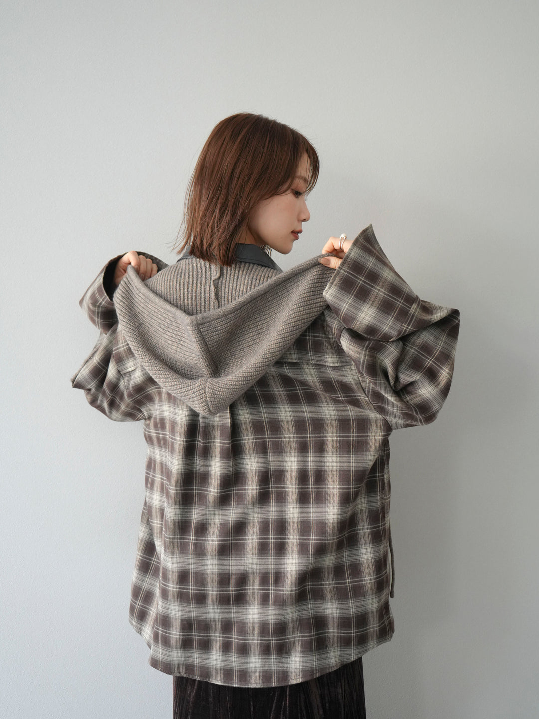 [予約]レザー襟オンブレチェックオーバーシャツ /ブラウン