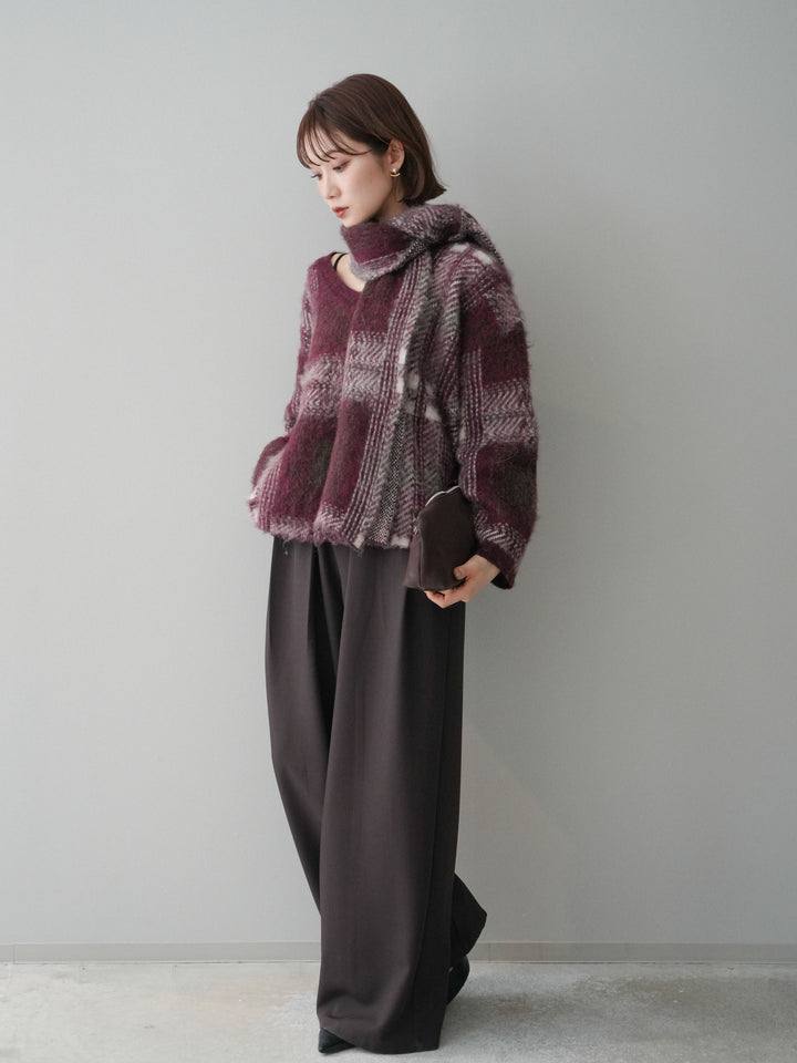 [SET]ストール付シャギーチェックニットプルオーバー+ベルトループデザインワイドパンツ(2set)