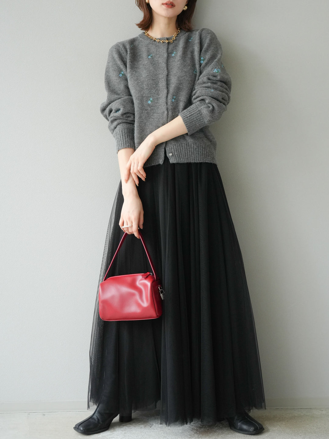 [SET]フラワー刺繍ニットカーディガン+チュールボリュームスカート(2set)