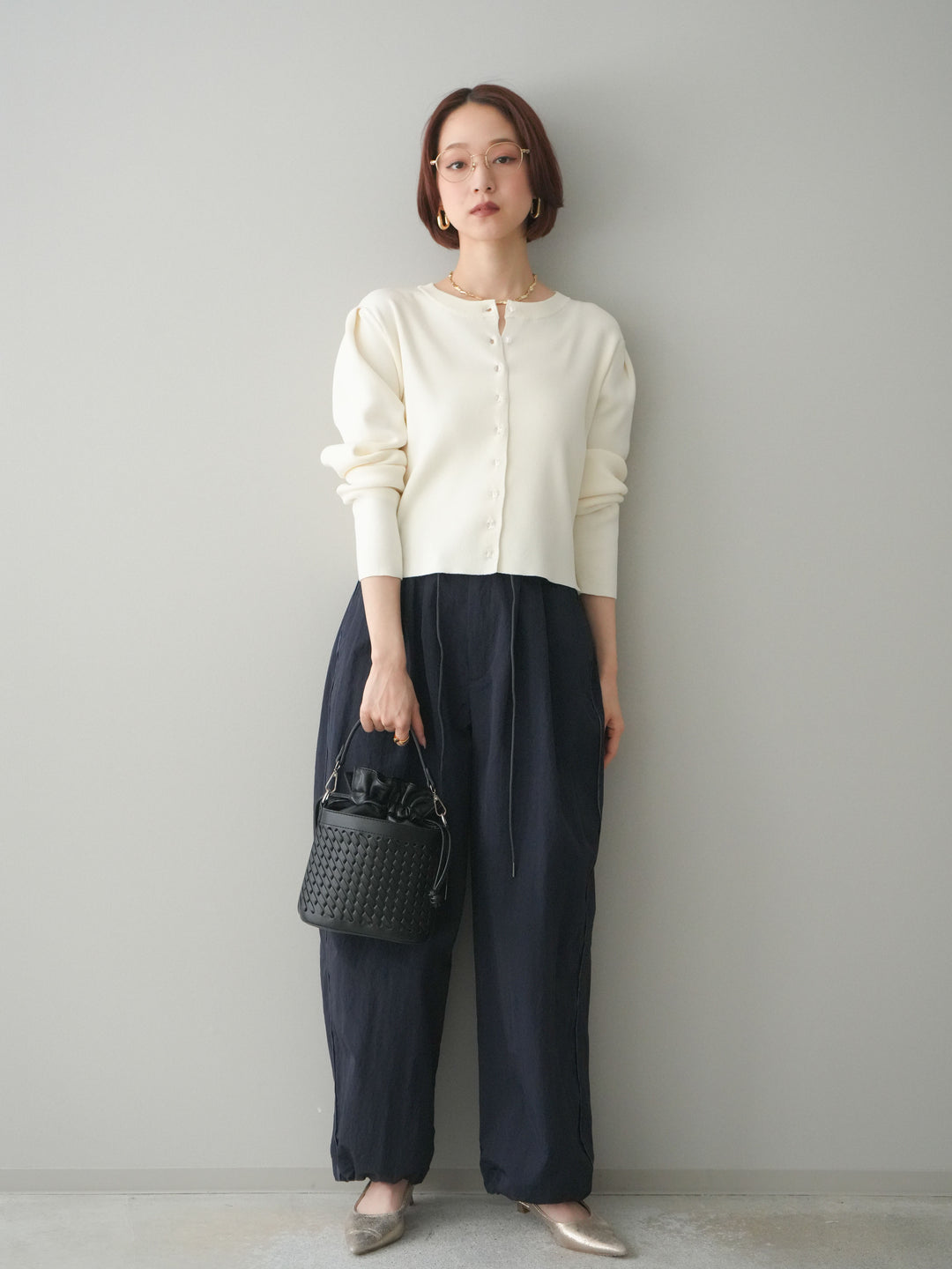 [SET]クリアボタンタックニットカーディガン+ドロストサイドラインナイロンパンツ(2set)