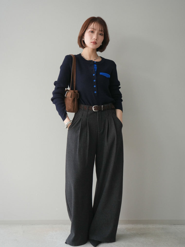 [SET]バイカラーデザインポケット配色ヘンリーネックニットソー+アニマル柄ベルト付きウールタッチワイドパンツ(2set)