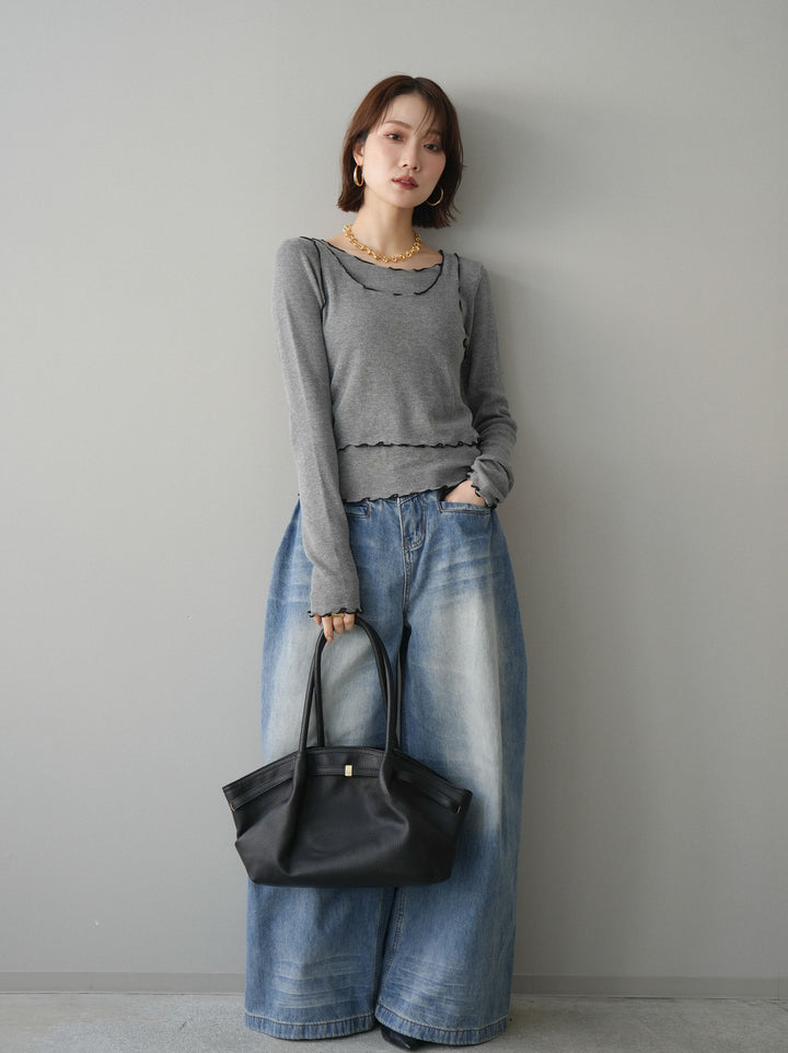 [SET]バイカラーメローアンサンブルシアーニットトップス+フロントポケットサイドタックワイドデニム(2set)