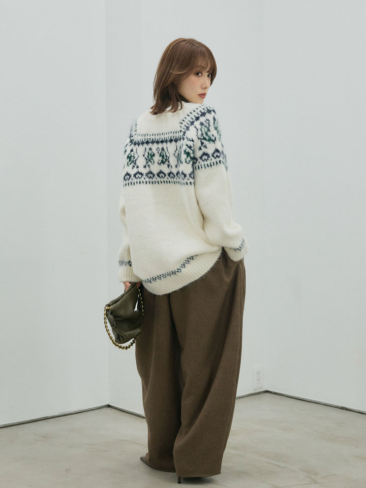 【Allure】[SET]ノルディック柄モックネックオーバニットプルオーバー+モックスカルゼサイドタックコクーンパンツ(2set)