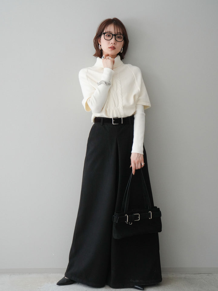 [予約]ベルト付きフロントタックワイドパンツ/black