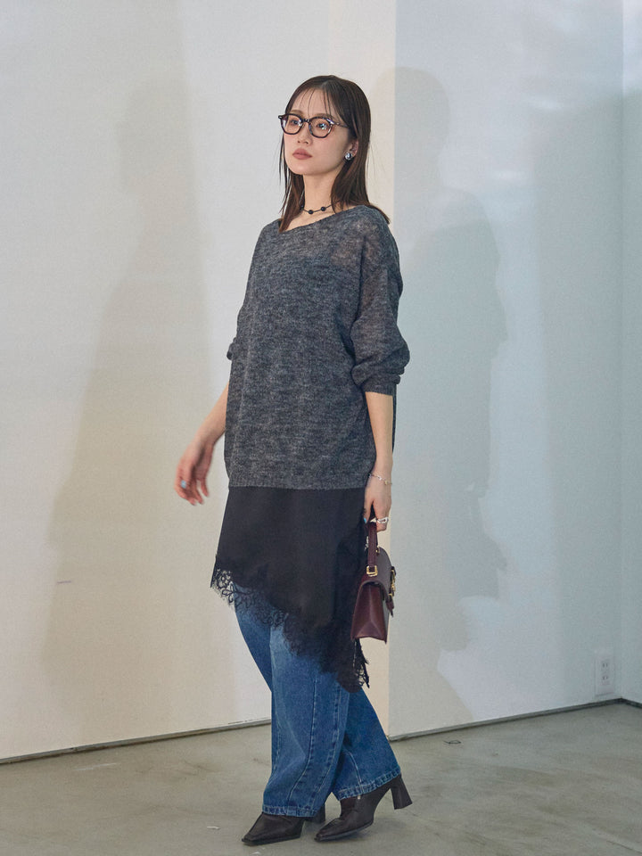 【Allure】[SET]モヘアタッチ透かし編みボートネックニットプルオーバー+アシメカーブデニムパンツ+アシンメトリーサテンレースキャミソール(3set)