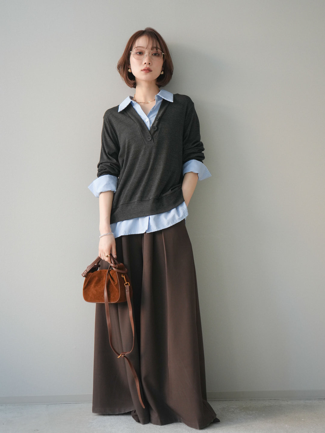 [予約]シャツレイヤードデザインカットプルオーバー/charcoal