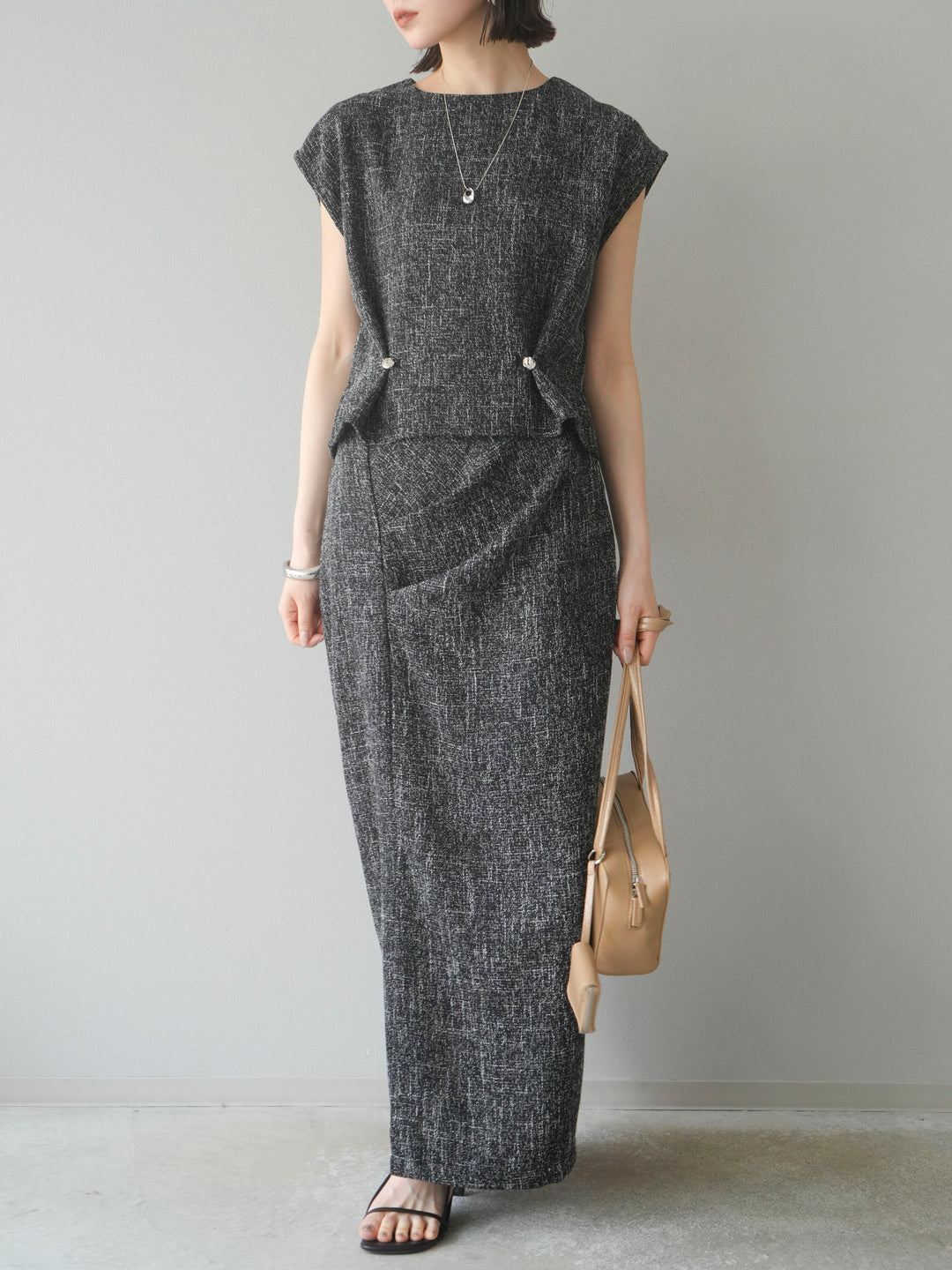 [予約]サマーツイードタックサイドスリットスカート/ブラックホワイト