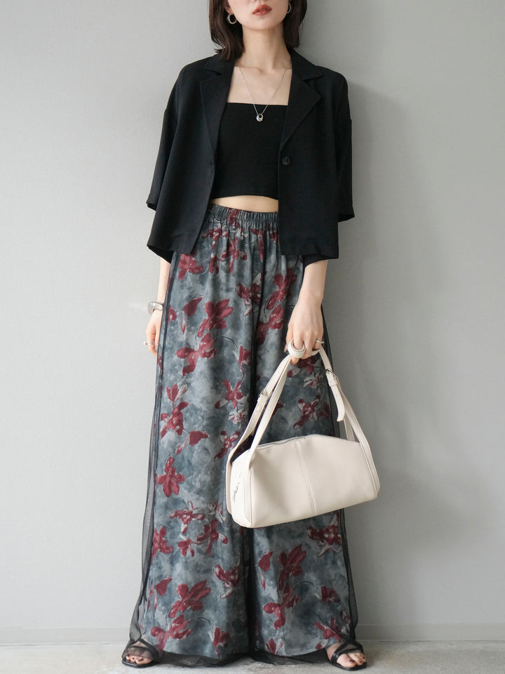 [SET]ハーフショートジャケット+フラワープリントチュールレイヤードパンツ(2set)