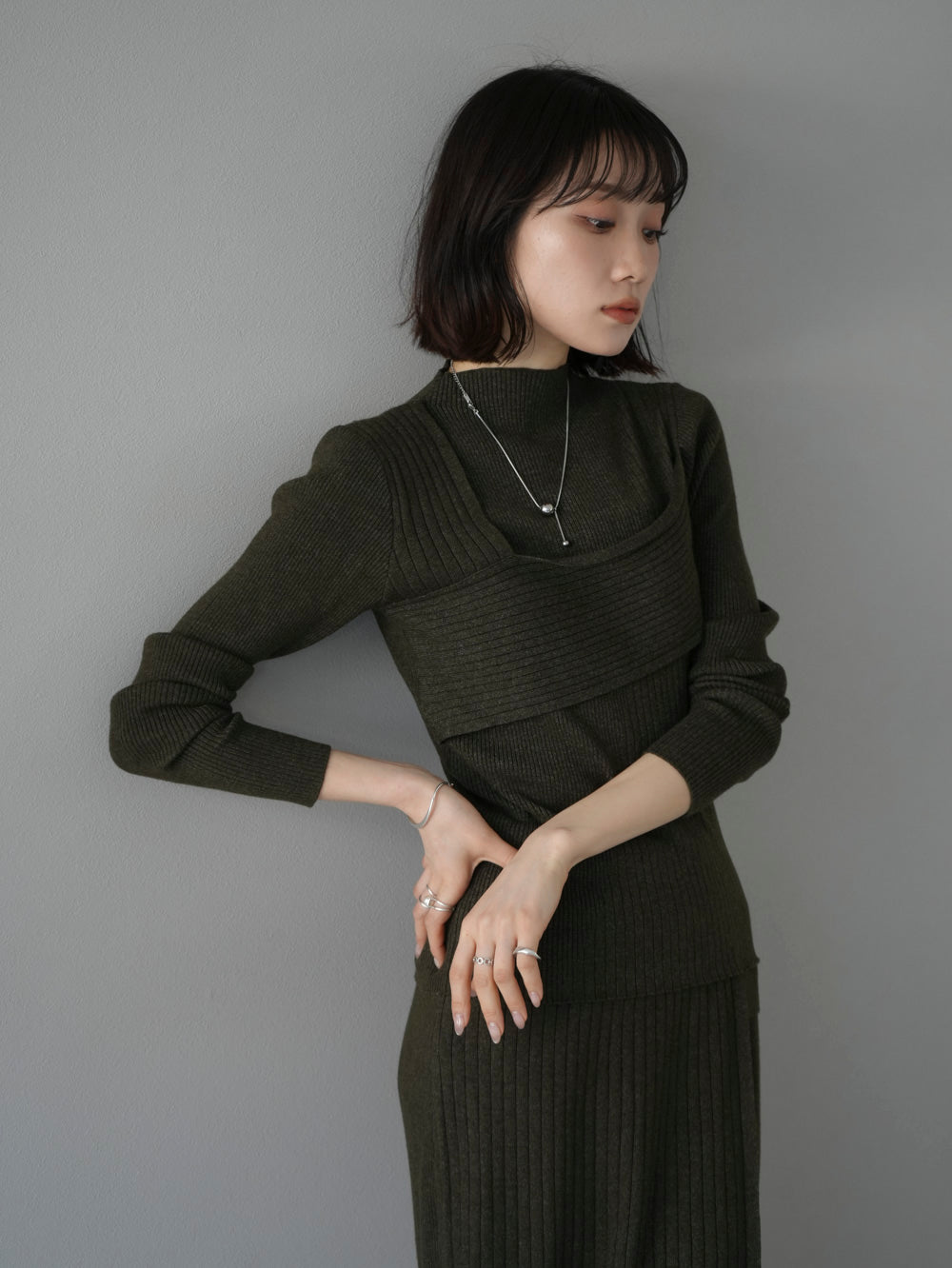 [Pre-order] Layered design ribbed knit top/green