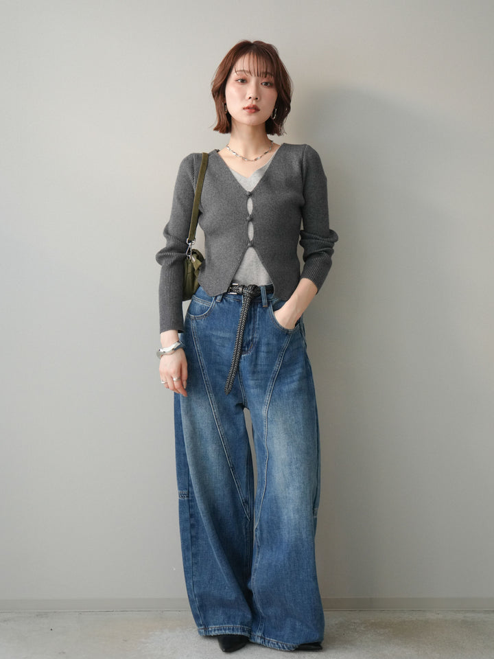 [SET]Vネック配色レイヤードスリットニットトップス+裏起毛加工デニムカーブパンツ(2set)