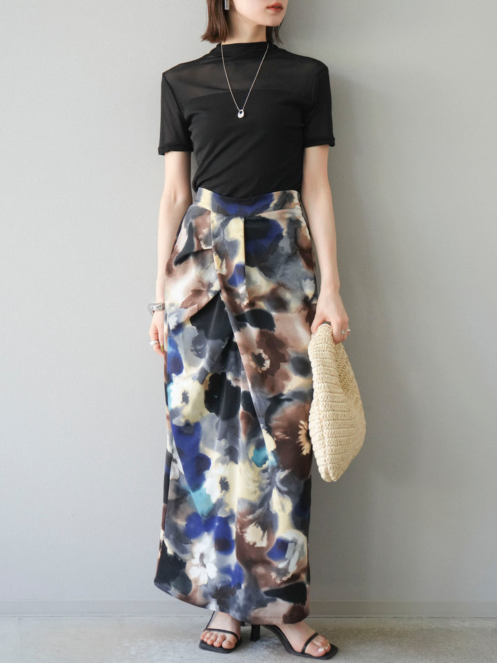 [SET] 透視半袖上衣 + 水彩印花褶襉I字裙 (2set)