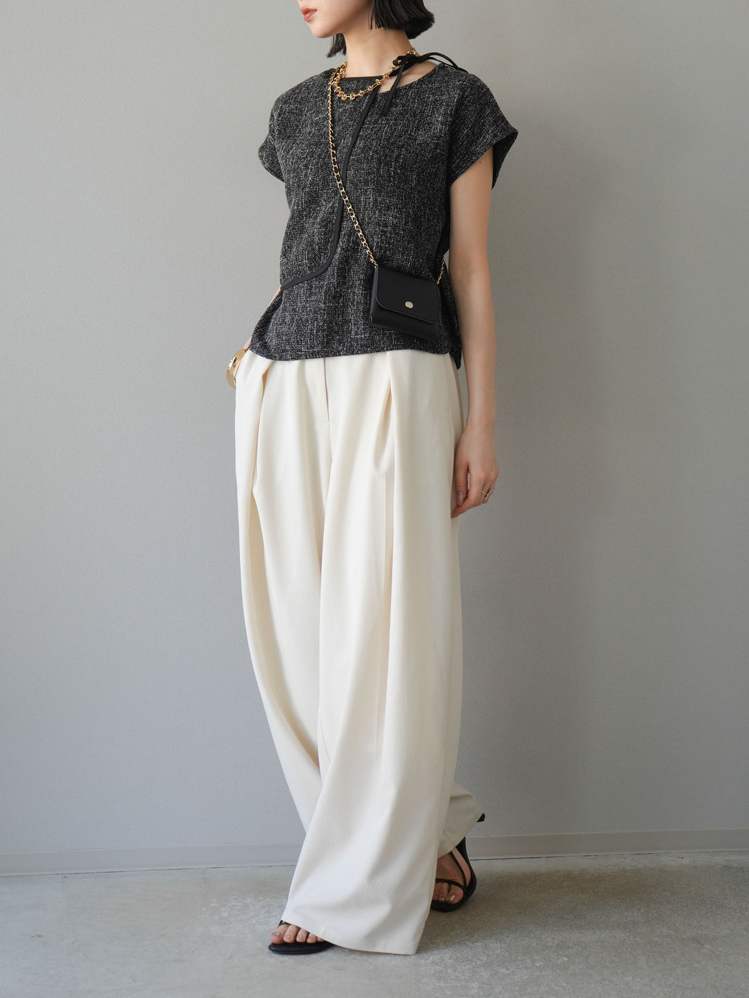 [SET]サマーツイードケープデザインプルオーバー+クレープシフォンタックワイドパンツ(2set)
