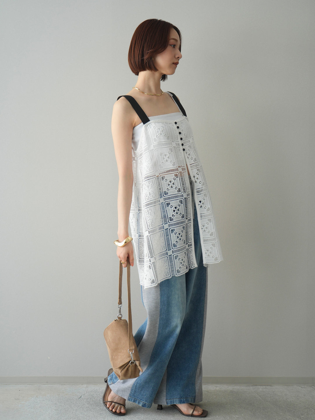 [SET]配色パネルレースキャミソール+デニム切替スウェットパンツ(2set)