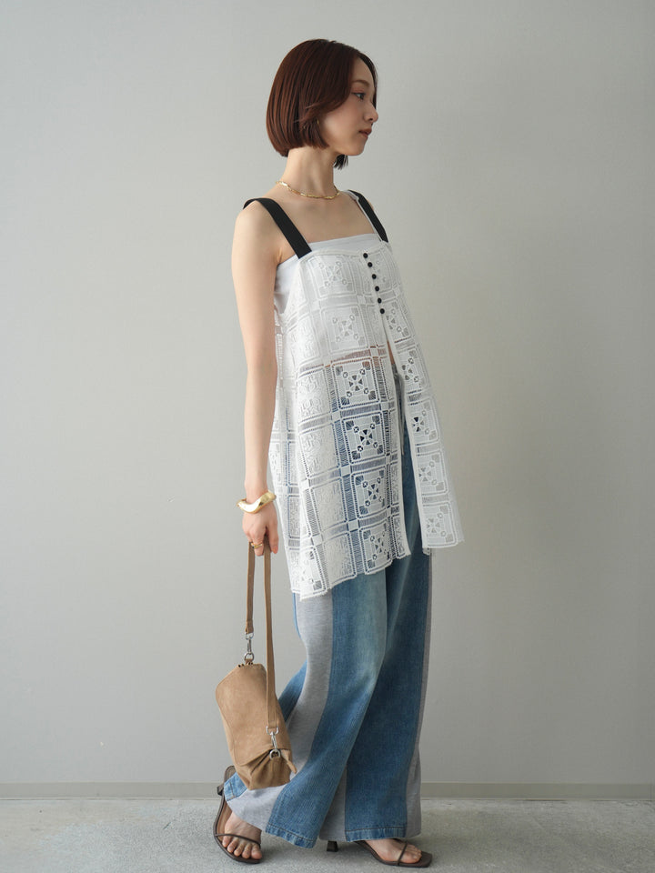 [SET]配色パネルレースキャミソール+デニム切替スウェットパンツ(2set)