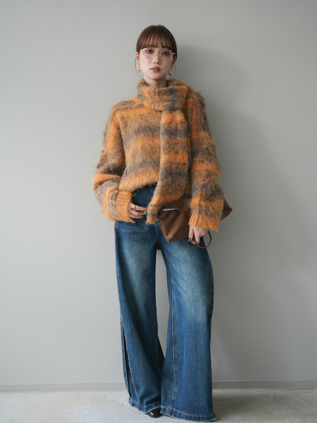 [予約]ストール付シャギーマルチボーダーニットプルオーバー/yellow