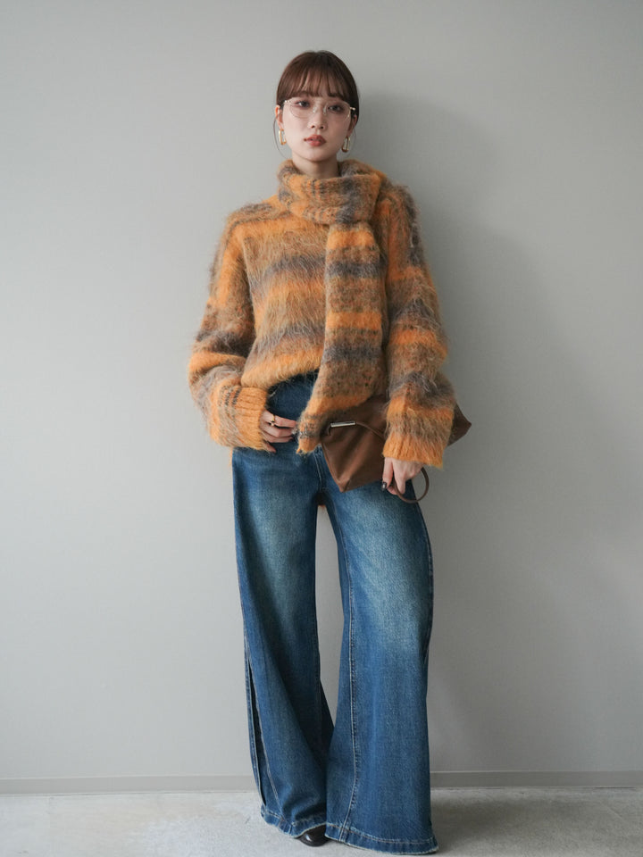 [予約]ストール付シャギーマルチボーダーニットプルオーバー/yellow