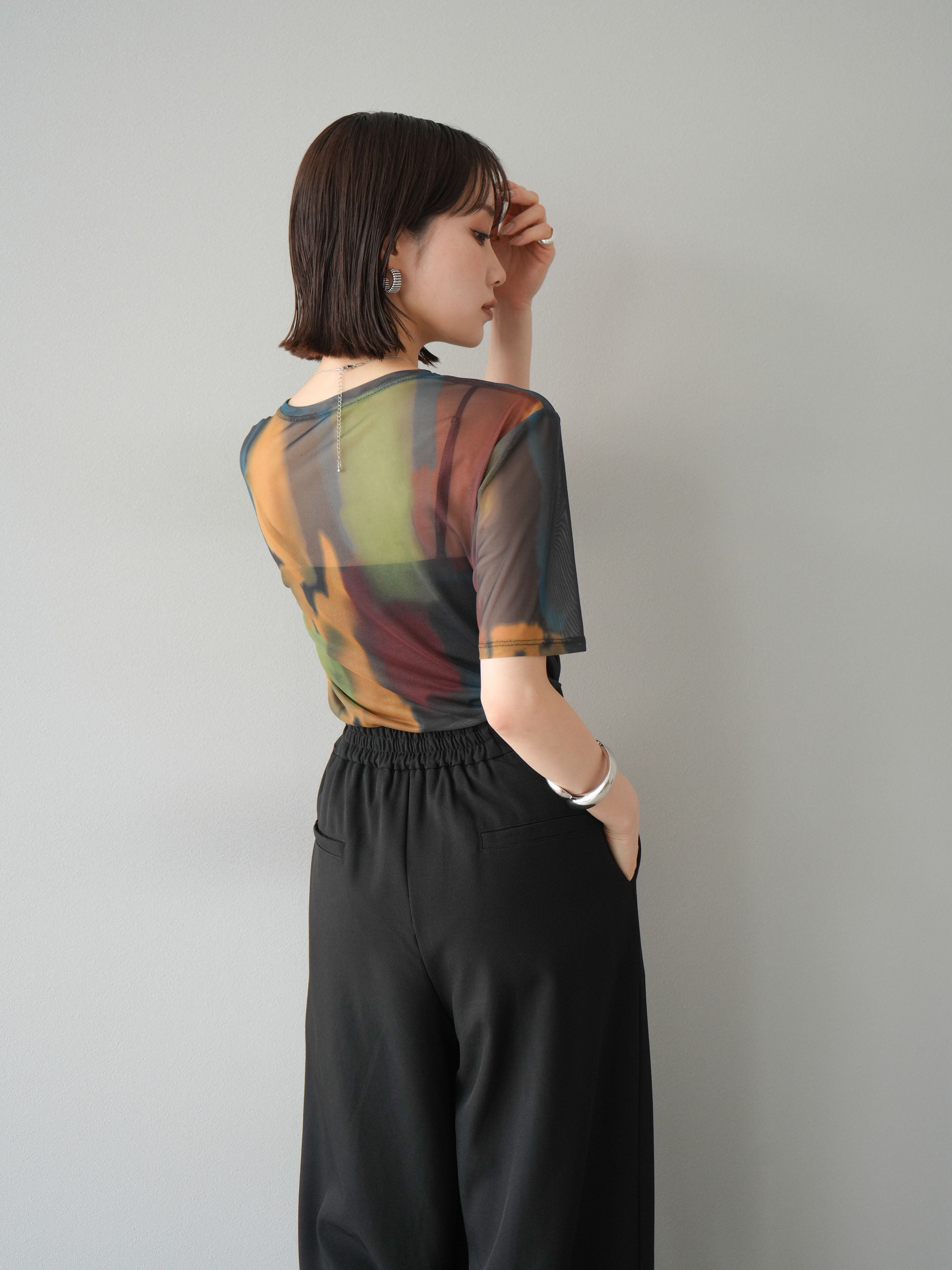 ameri様 水彩アートシアーTシャツ 総柄シアー半袖プルオーバー Lumier 予約]水彩アートシアーTシャツ/チャコール – Lumier
