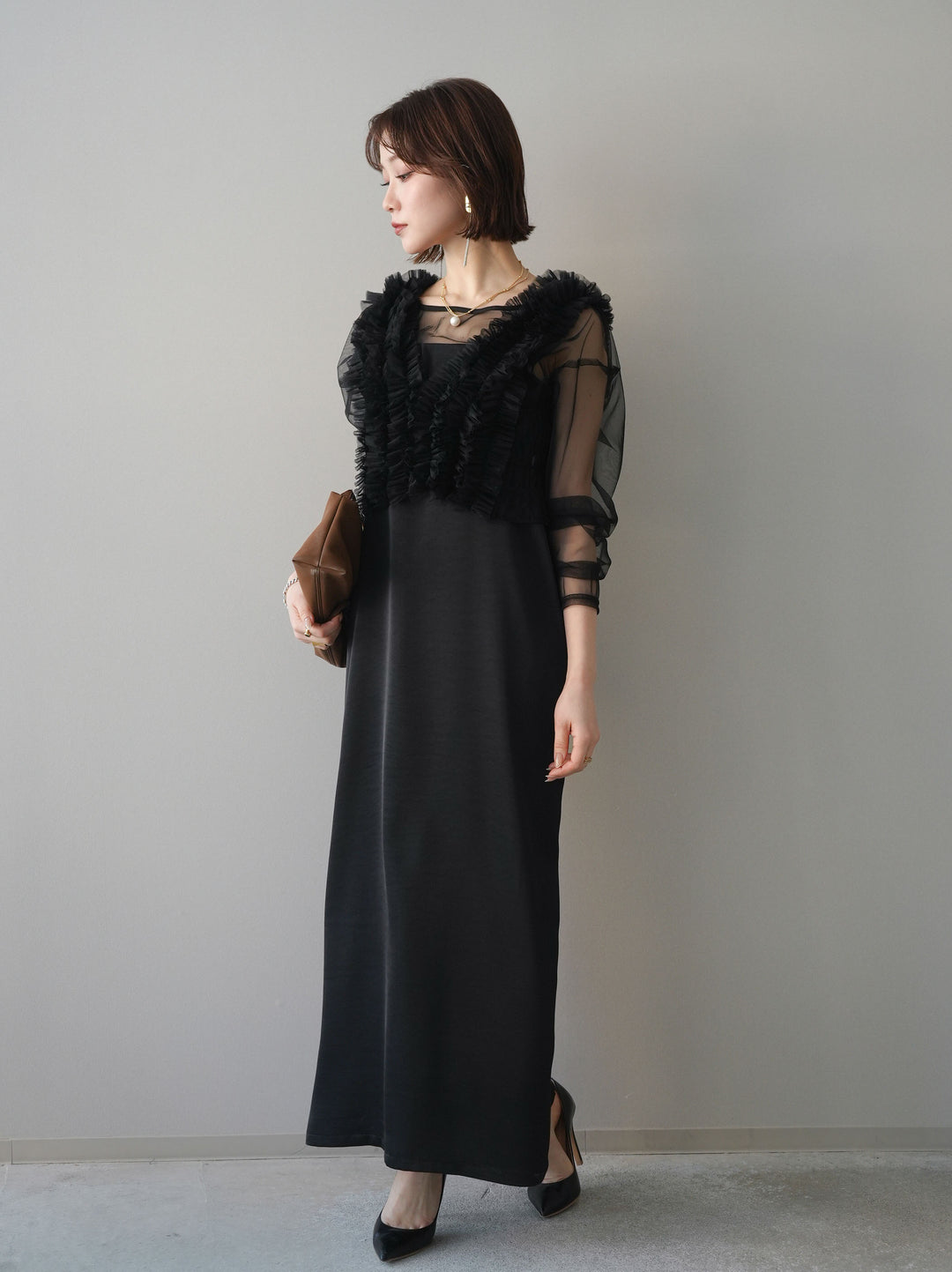 [予約]チュールフリルアンサンブルキャミソールドレス 3点SET/black