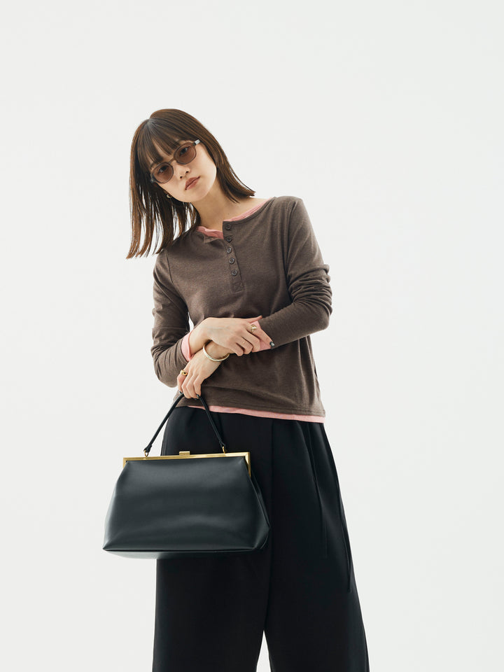 [予約]配色レイヤードヘンリーネックトップス/ブラウン