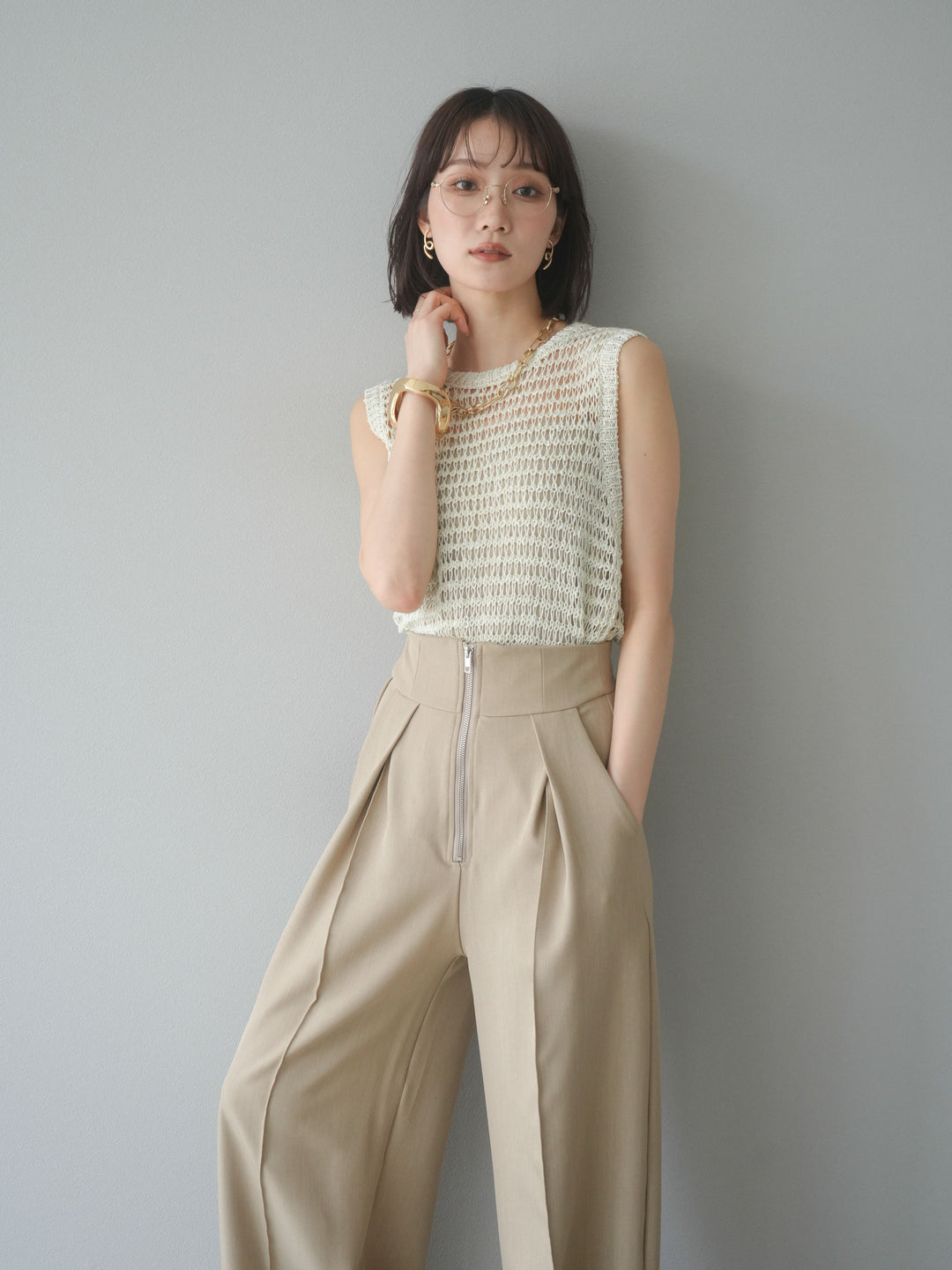 [予約]ミックスヤーン透かし編みニットタンクトップ/アイボリー