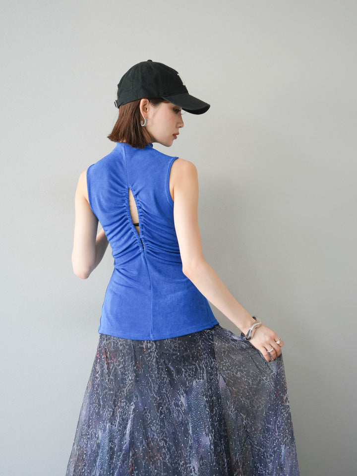 [予約]フロントスリットレーヨンニットトップス/ブルー