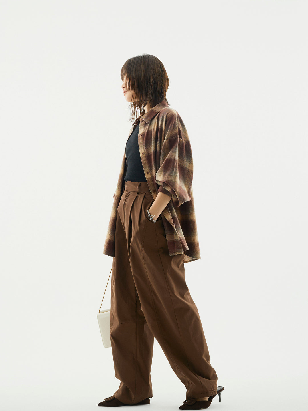 【Allure】[SET]オンブレチェックオーバーシャツ+タフタワイドカーブパンツ(2set)