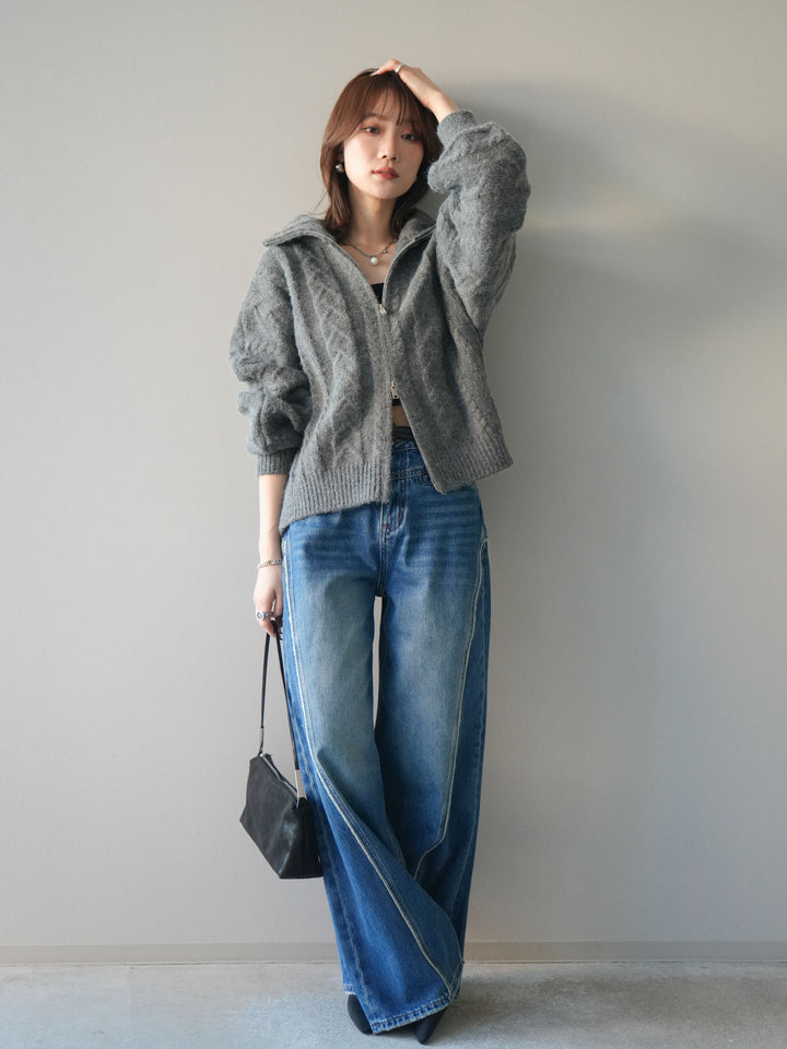[SET]ケーブル編みハイネックZIPニットカーディガン+サイドフリンジワイドデニムパンツ(2set)