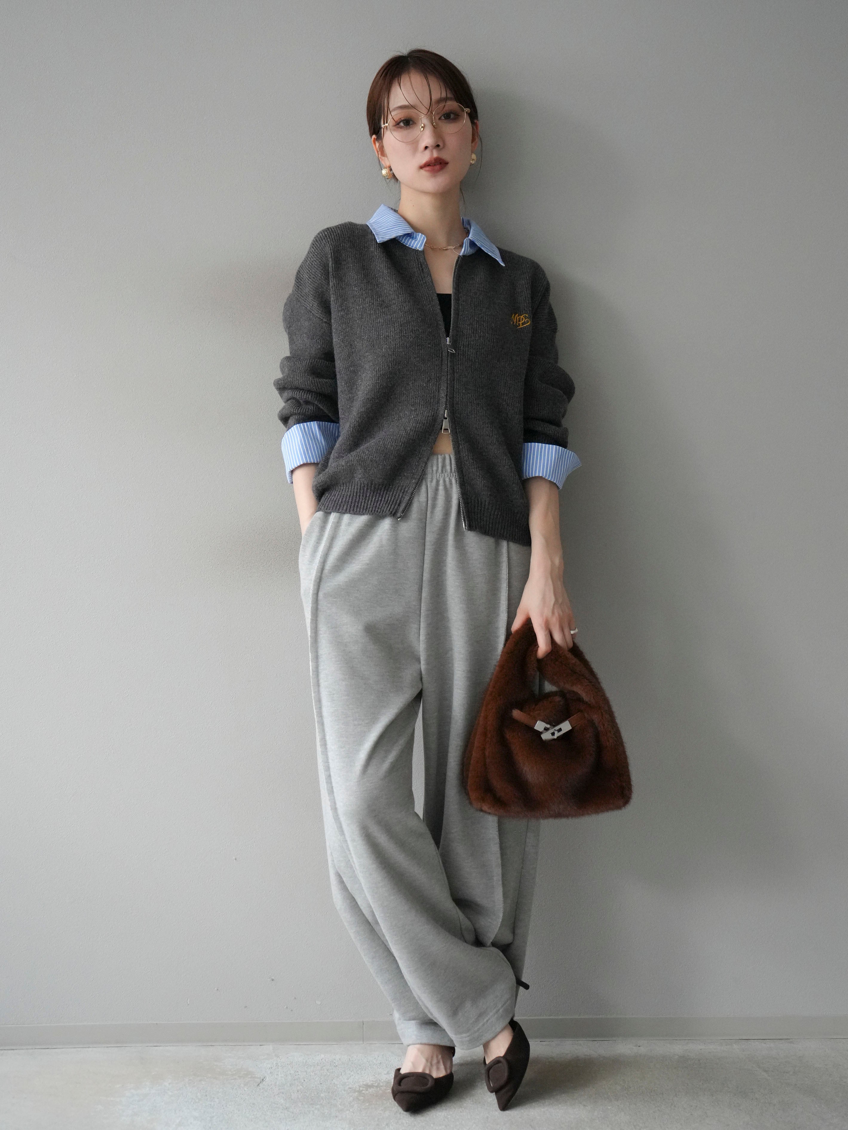 予約]ストライプシャツレイヤードZIPニットカーディガン/darkgray – Lumier