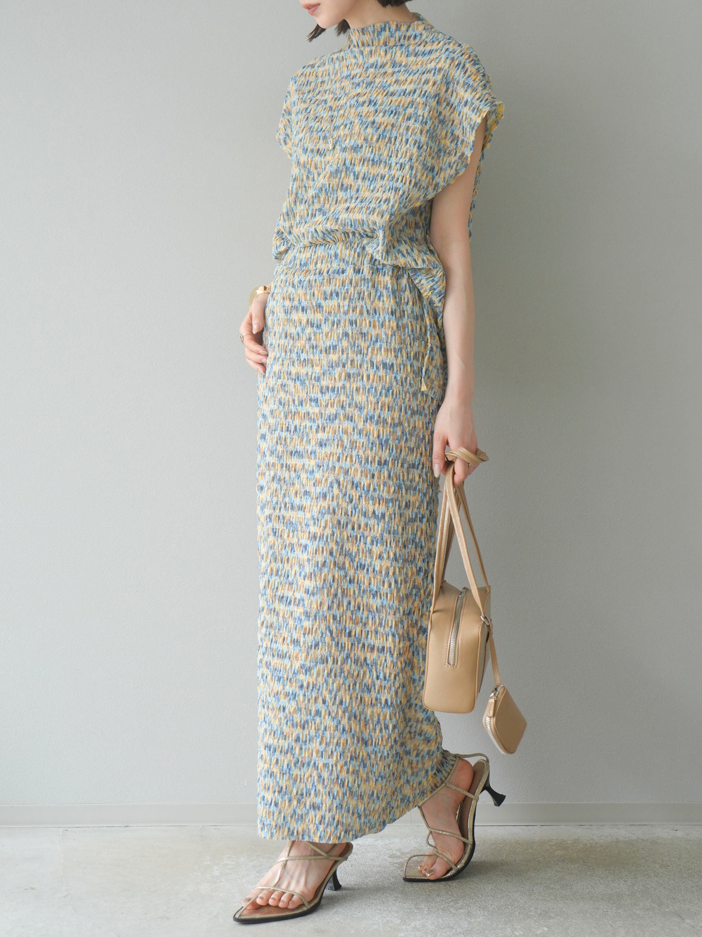 予約]マルチカラーランダムプリーツタイトスカート/イエロー