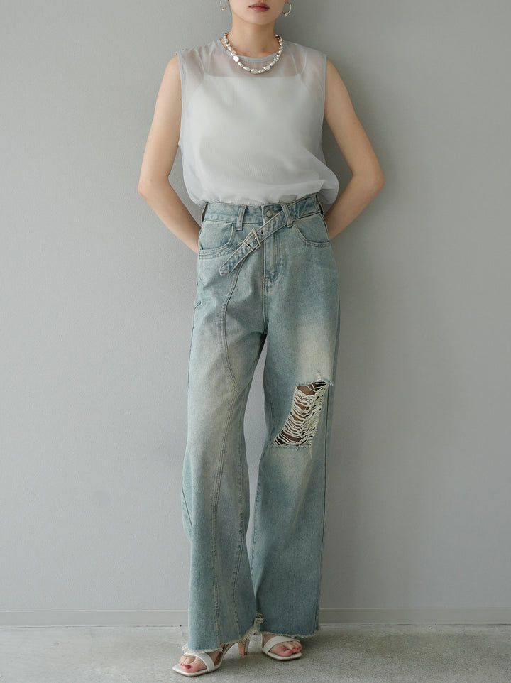 [SET] Organdy sleeveless top + belt asymmetrical damaged denim (2set)