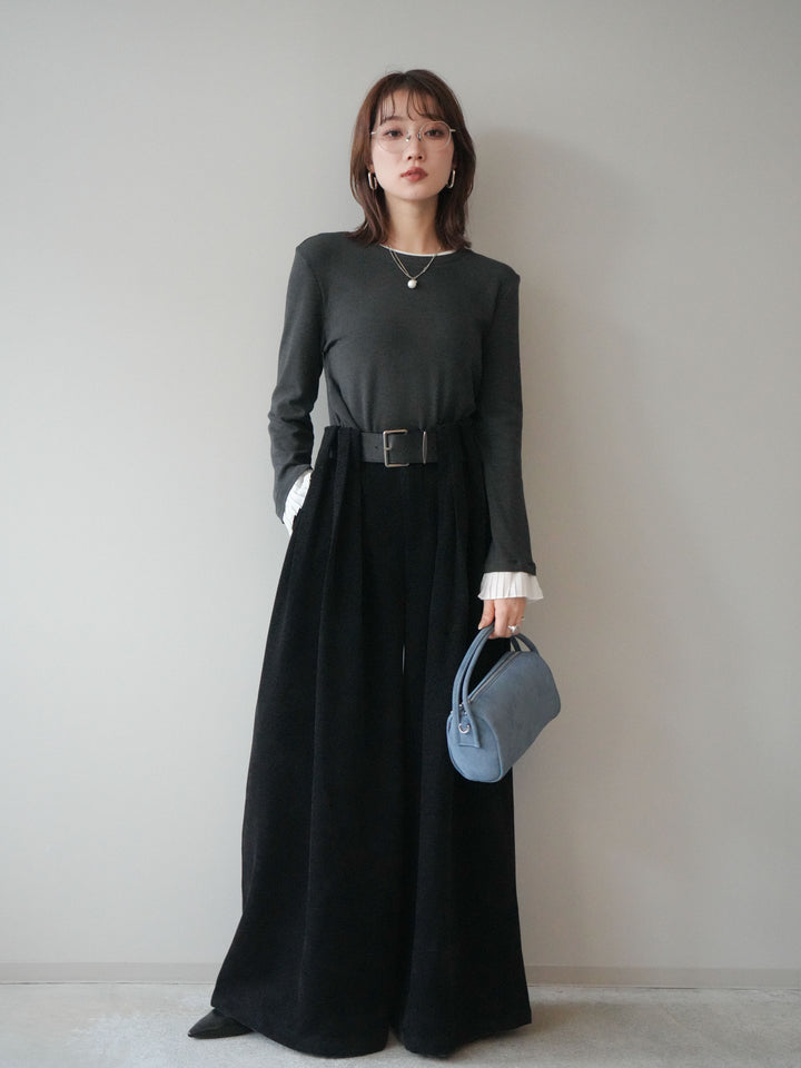 [SET]袖プリーツ配色レイヤードトップス+ベルトデザインループコールテンワイドパンツ(ベルト付き)(2set)