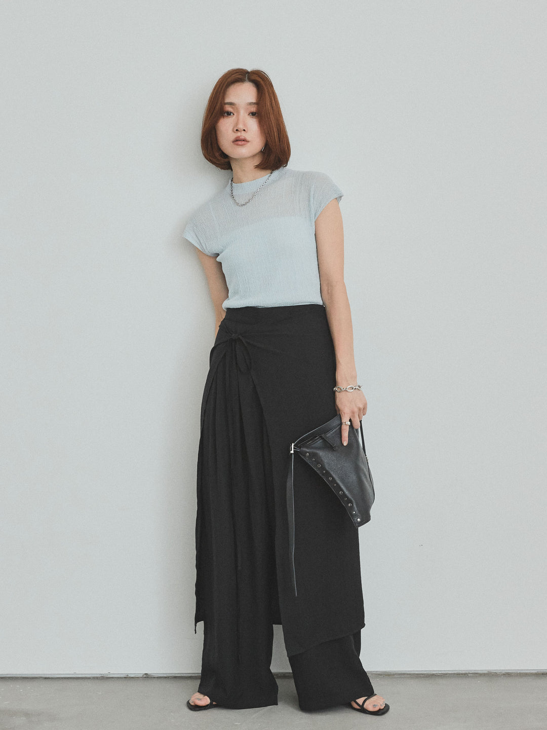 [予約]フレンチスリーブシアーニットトップス/ライトブルー