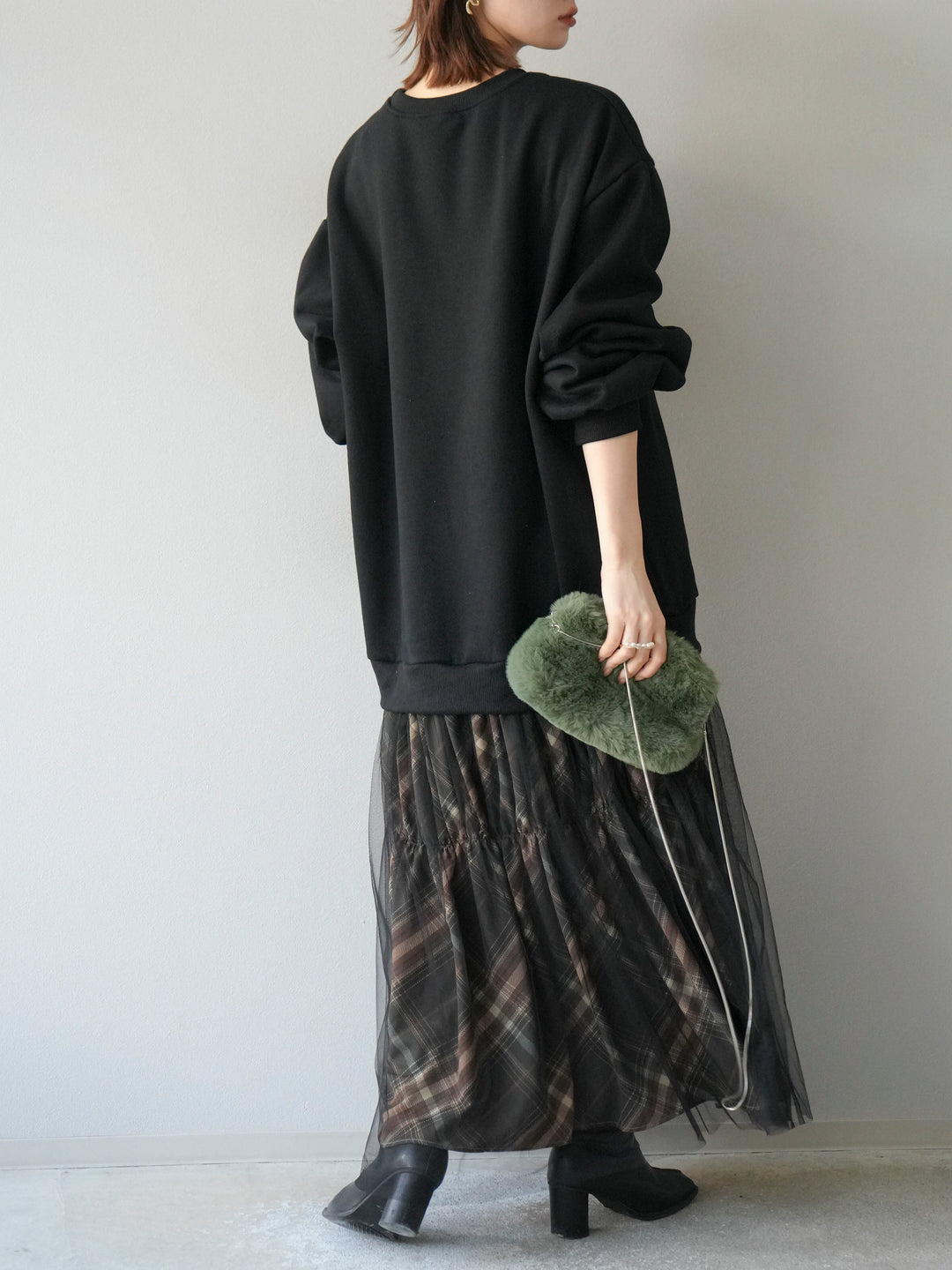 [予約]スウェットドッキングチェック柄レイヤードワンピース/ブラック