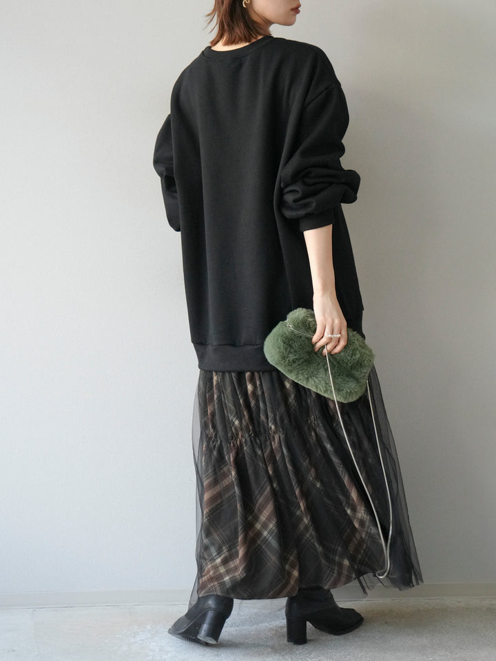 [予約]スウェットドッキングチェック柄レイヤードワンピース/ブラック