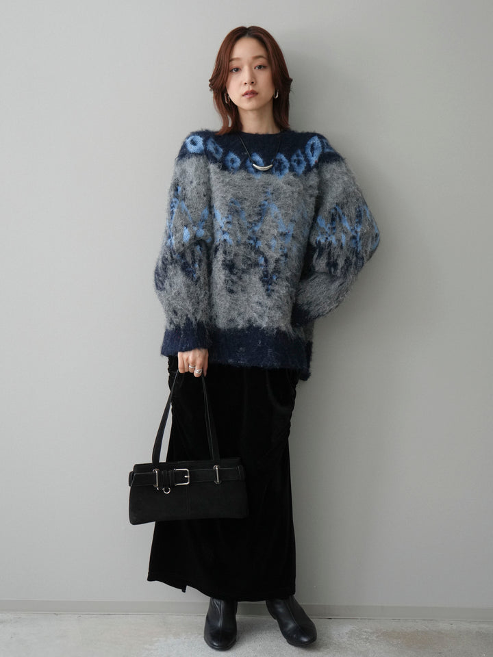 [SET]シャギーニュアンス柄ニットプルオーバー+ギャザーベロアスカート(2set)