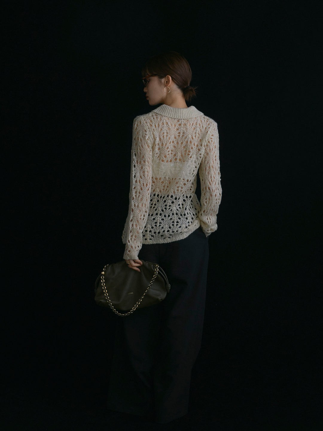 【Allure】[SET]ローゲージ透かし編みポロニッカーディガン+ラップデザインタックワイドパンツ(2set)