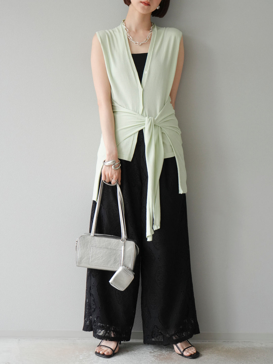 [SET]腰巻きデザインノースリーブニットカーディガン+レースタックイージーパンツ(2set)