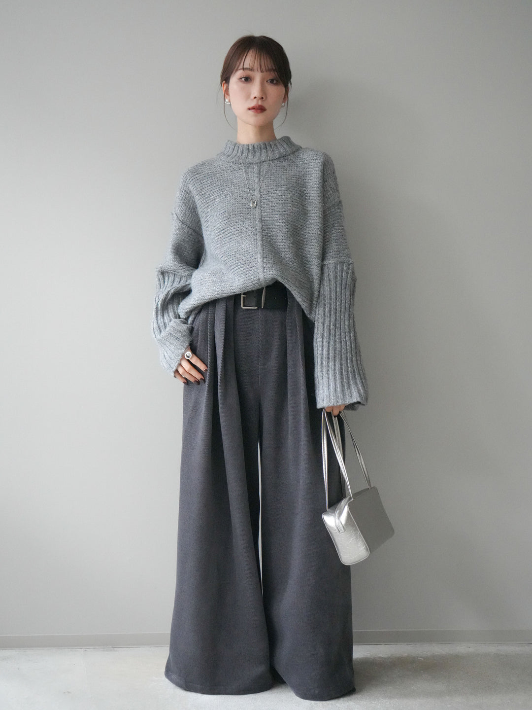 [予約]編み地切替ボトルネックニットプルオーバー/mokugray